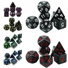 Kit 7 Dados Preto com Números Coloridos PROMO - Para RPG D&D Pathfinder Várias Cores Dungeons and Dragons Tabuleiro