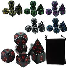 Kit 7 Dados Pretos com Bolsa PROMO - Kit Para RPG D&D Pathfinder Várias Cores Dungeons and Dragons Jogos de Tabuleiro