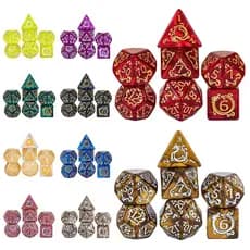 Kit 7 Dados RPG Runas Dragão Draconico D&D Pathfinder D20 Várias Cores Detalhes Entalhados PROMO