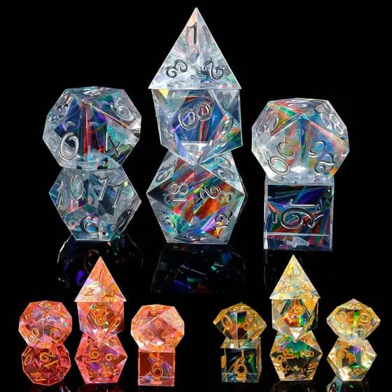 Kit 7 Dados RPG de Mesa Luxo Furta-cor Translúcido D&D D20 - Resina Premium Iridescente Cristal Dourado ou Rosê