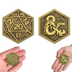 Moeda de Inspiração D&D | Metal Maciço RPG | Cara Coroa | D20 e Dragão | 4,5cm Colecionável