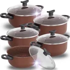 Jogo de Panelas Caçarolas 5 Peças Chocolate  Antiaderente Teflon Panelas Grande