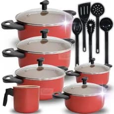 Kit Jogo de Caçarola Caneco Panelas 11 Peças Antiaderente Teflon com Tampa de Vidro