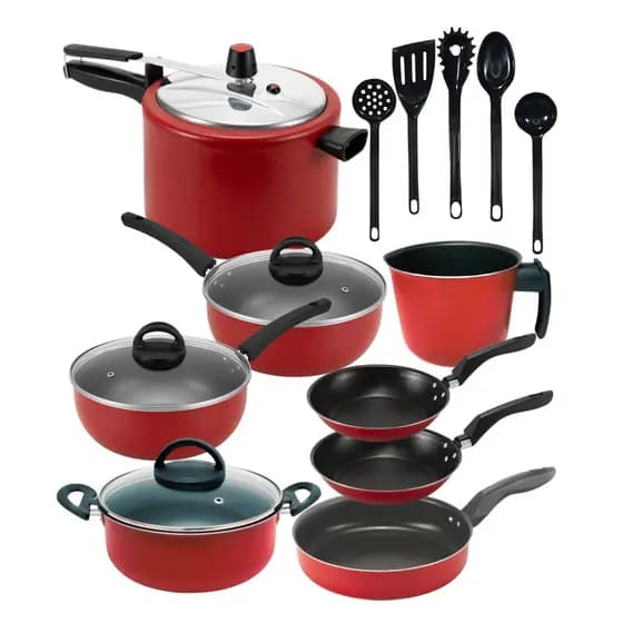 Kit Jogo de Panelas 13 Peças Antiaderente Teflon com Panela de Pressão 4,5 Litros Tampa de Vidro