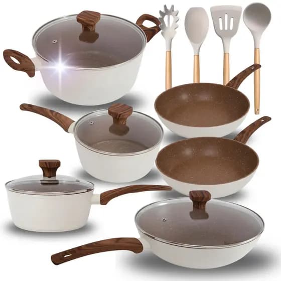 Kit Jogo de Panelas Indução 10 Peças Revestido em Cerâmica Creme Chocolate Antiaderente Frigideira Caçarola