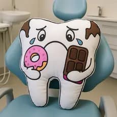 Almofada 3D dente com escova e dente com chocolate, decoração dentista, consultório, presente