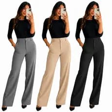 Calça Pantalona Alfaiataria Feminina Social Cintura Alta Com Bolso Lateral