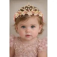 Tiara infantil bebê Coroa e flores ROSE MEDIO e DOURADA.