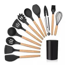 Jogo 12 Peças Utensílios De Silicone Cabo Madeira