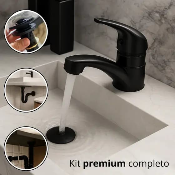 Kit Torneira Mono Up Sifão Válvula Click Preta 7/8 Engate Trançado Inox 60cm Luxo