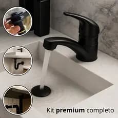 Kit Torneira Mono Up Sifão Válvula Click Preta 7/8 Engate Trançado Inox 60cm Luxo
