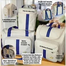 Kit Clarity Bege Com Faixa Azul Bolsas Maternidade impermeaveis 03 Peças