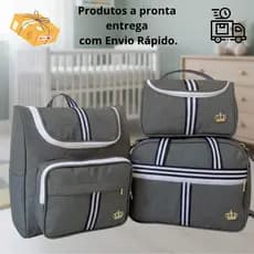 Classic Azul Kit Bolsa Maternidade Cinza Com Faixa Azul  03 peças