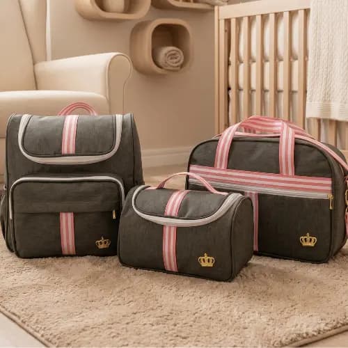 Classic Rosa Kit Bolsas maternidade Cinza Com Faixa em  Rosa 03 peças