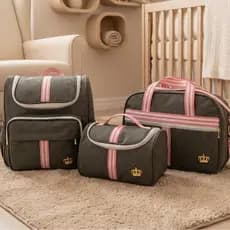 Classic Rosa Kit Bolsas maternidade Cinza Com Faixa em  Rosa 03 peças