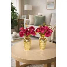 Conjunto De Vasos Decorativo Dourado Com Flores Artificiais.
