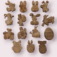 Aplique diversos em formato de ovo e coelho da páscoa no mdf 6mm kit com 15 unid.
