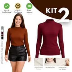 Kit 2 Blusas Cacharrel Feminina Canelada Algodão Camiseta Básica Manga Longa Frio Oferta