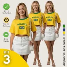 Kit 3 Cropped Oversized Brasil Feminino Algodão