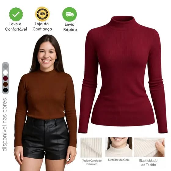 Blusa Cacharrel Feminina Canelada Camiseta Frio Manga Longa Algodão Básica