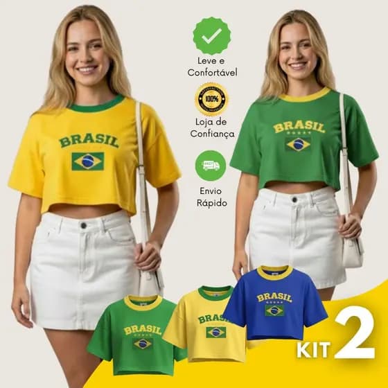 Kit 2 Cropped Oversized Brasil Feminino Algodão