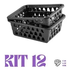 Kit 12 Cestos Cestinho Potes Organizadores Multiuso 16x12x6Cm Top Preto