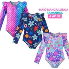 Maiô Manga Longa Comprida Menina Infantil Estampado Blogueirinha Verão Tam 4 ao 10 Moda Praia Piscina