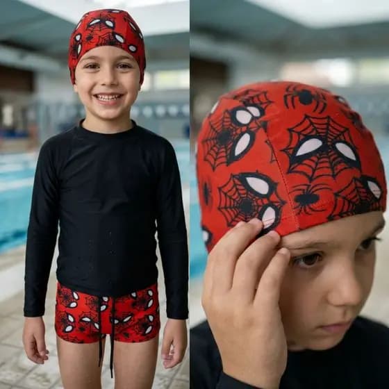 Kit Natação Infantil Menino Sunga + Touca De Tecido Piscina Treino Tamanhos 4 a 10