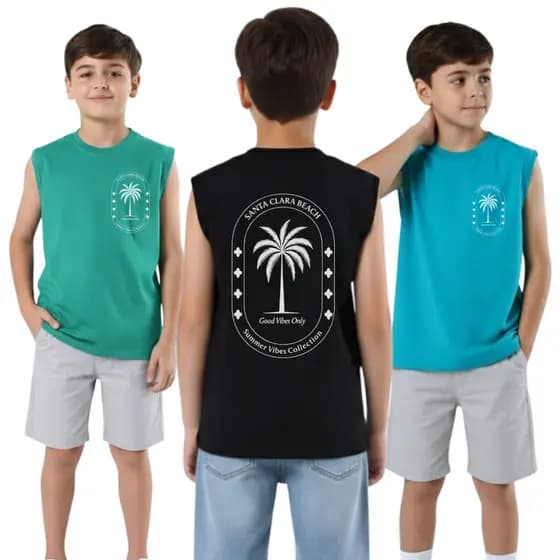Kit 3 Regatas Machão Infantil Masculino 100% Algodão Premium - Menino Verão Conforto 10 ao 16