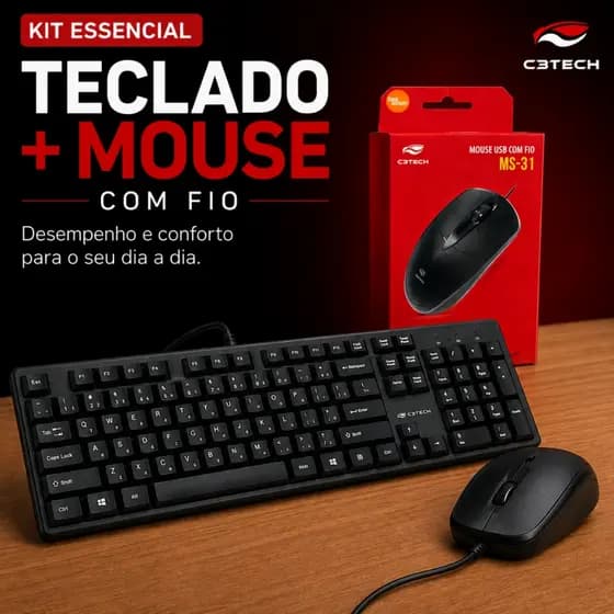Kit Teclado e Mouse Com Fio USB P/ Notebook PC Silencioso Plug & Play Escritório Home Office Escola