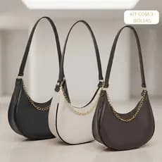 Kit 3 Bolsa feminina media de ombro meia lua com corrente elegante estilosa alça reforçada uso diário