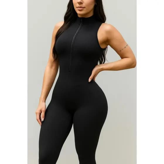 Macacão Feminino Fitness Longo com zíper canelado Poliamida Esportivo