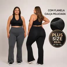 Calça Flare Flanelada Plus Size Peluciada Preta Roupa de Academia Calça Bailarina Boca De Sino Cós Alto Curve + Inverno