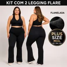 Kit 2 Calça Flare Plus Size Suplex Flanelado Grosso Cós Alto Boca de Sino Bailarina Legg Curve+ Tecido Peluciado