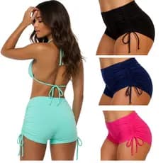 Calcinha Sunquíni Biquíni Shorts Cordinha Praia Verão Cintura Cós Alto em Suplex Academia Treino Fitness Franzido Curto