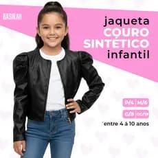 Jaqueta Infantil de Couro Sintético Com Zíper Jaquetinha Blusa Juvenil Courino Preta 4 a 10 Anos Menina Manga Bufante