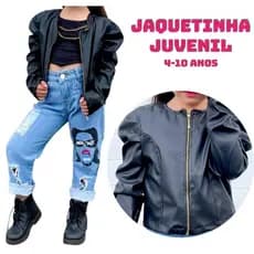 Jaqueta Infantil Menina Manga Bufante Preta Couro Sintético Com Zíper Jaquetinha Blusa Juvenil