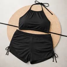 Conjunto Biquíni Sunquíni Top Alcinha Croped Shorts Cordinha Lateral Plus Size Feminino Cintura Alta Moda Praial Verão