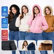 Jaqueta Puffer Feminina Cropped Impermeável Forrada Pelucia Capuz Removivel Blusa de Frio Bobojaco