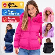 Jaqueta Infantil Puffer Cropped Juvenil Peluciada Impermeável Capuz Removível Blusa de Frio 6 ao 18