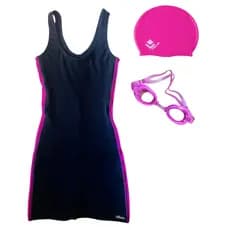 Kit Macaquinho para Natação + Touca 100% Silicone + óculos - 6 a 16 anos - Preto ou Pink