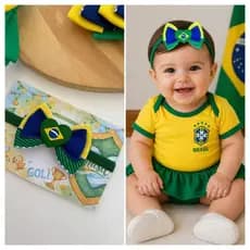 Laço para Bebê Copa do Mundo Brasil,  Faixinha para Bebê Copa do Mundo verde e amarelo