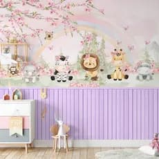 Papel De Parede Adesivo Infantil Safári Floral Aquarelado Rosa Com Ripado Lilás - Vinil Autocolante