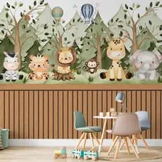 Papel De Parede Adesivo Infantil Safari Animais Na Floresta Com Ripado Madeira - Vinil Autocolante