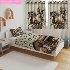 Kit Jogo de Lençol Com Cortina Cavalo Fazenda