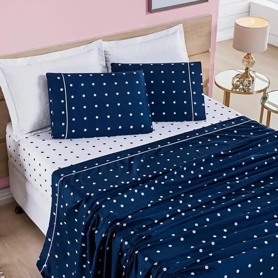 Jogo De Cama Lençol Queen Completo 4 Peças Petit Poá Percal 200 Fios Fronha Com Detalhe