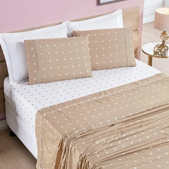Jogo De Cama Completo Lençol King 4 Peças Petit Poá Percal 200 Fios Fronha Com Detalhe
