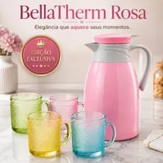 **BellaTherm Rosa Premium 190ml + 4 Canecas de Vidro | Kit Café Luxo Elegante Compacto Rosa**