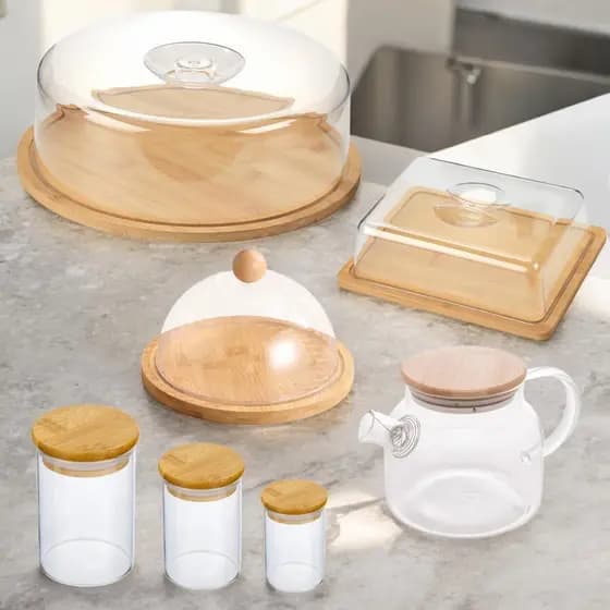 Jogo 7 Itens Mesa Posta Bambu Cozinha Jarra Queijeira Manteigueira Boleira Porta Frios Café da Manhã