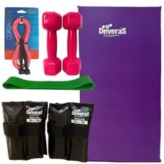 Kit Treino em Casa Colchonete + Caneleira de peso 5 kg ajustável + Halteres 3 kg + Mini Band + Corda de pular